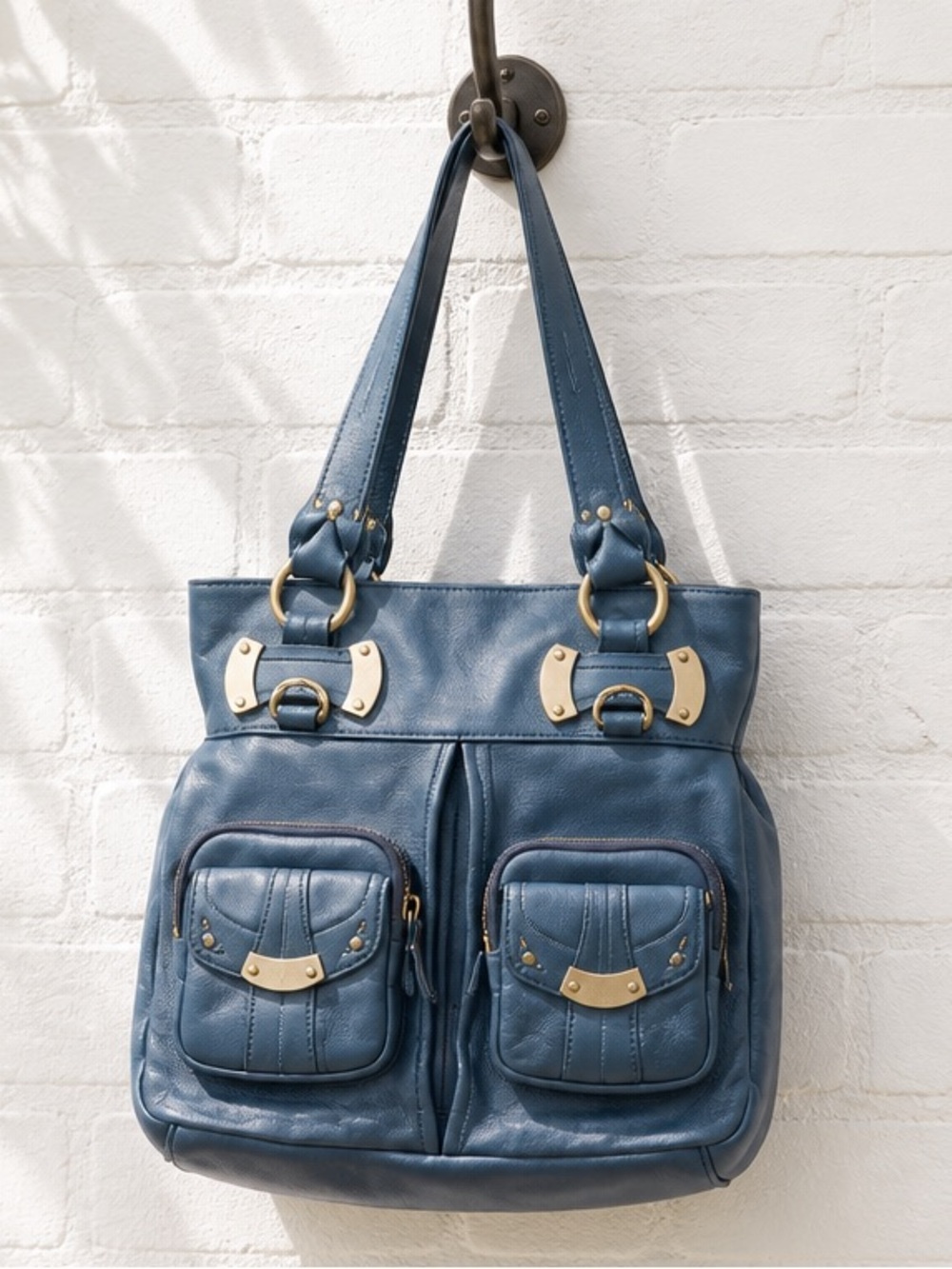 B Makowski Soft Italian Leather Tote Bag in “denim” slate Blue. Golden Hardware
